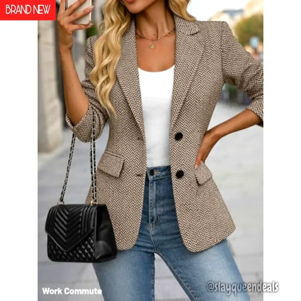 Women's Tailored Tweed Blazer, Fully Lined, Notched Lapel, Pockets, Work Office